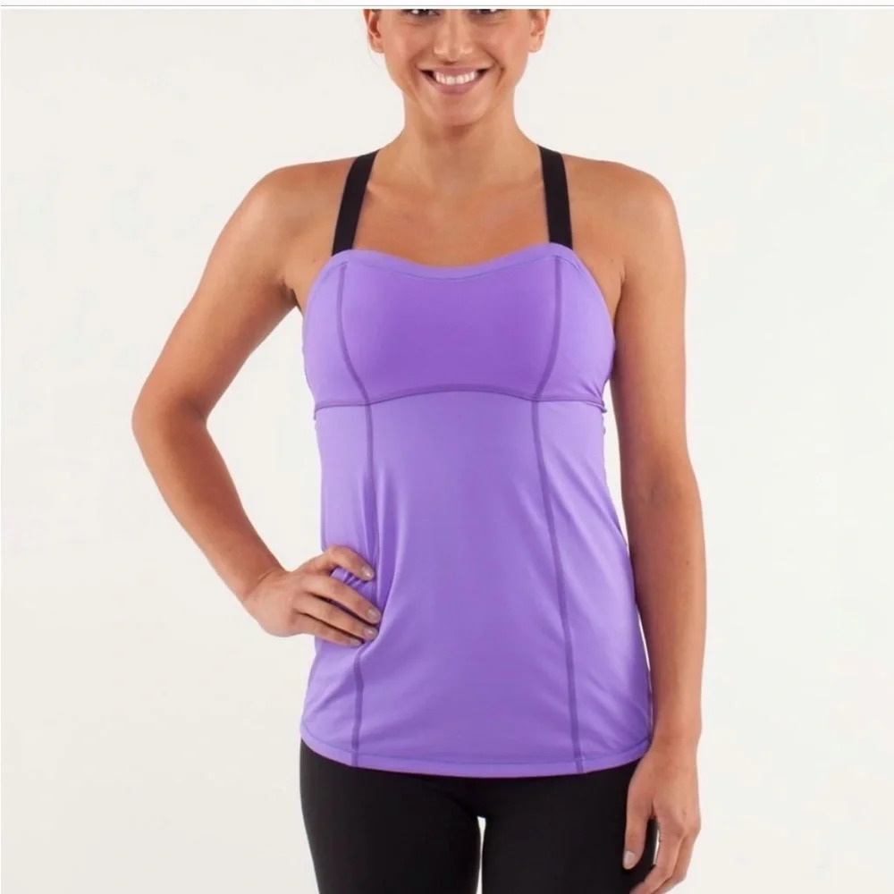 Lululemon catch me purple black criss cross straps built in bra tank‎ top Sz s